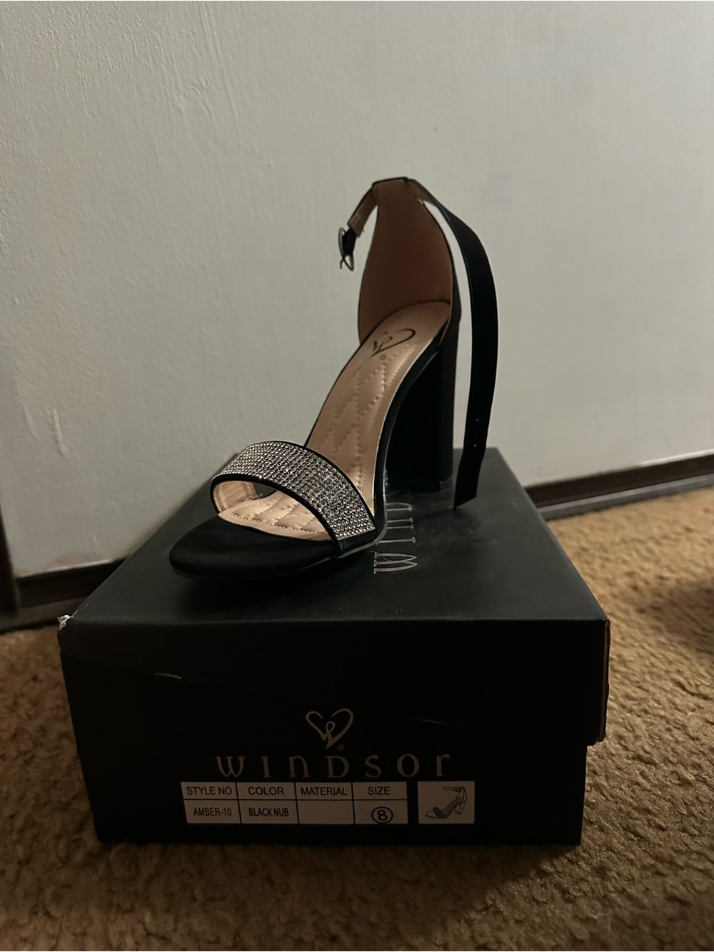 Windsor Black Crystal-Front Ankle Strap Block Heel